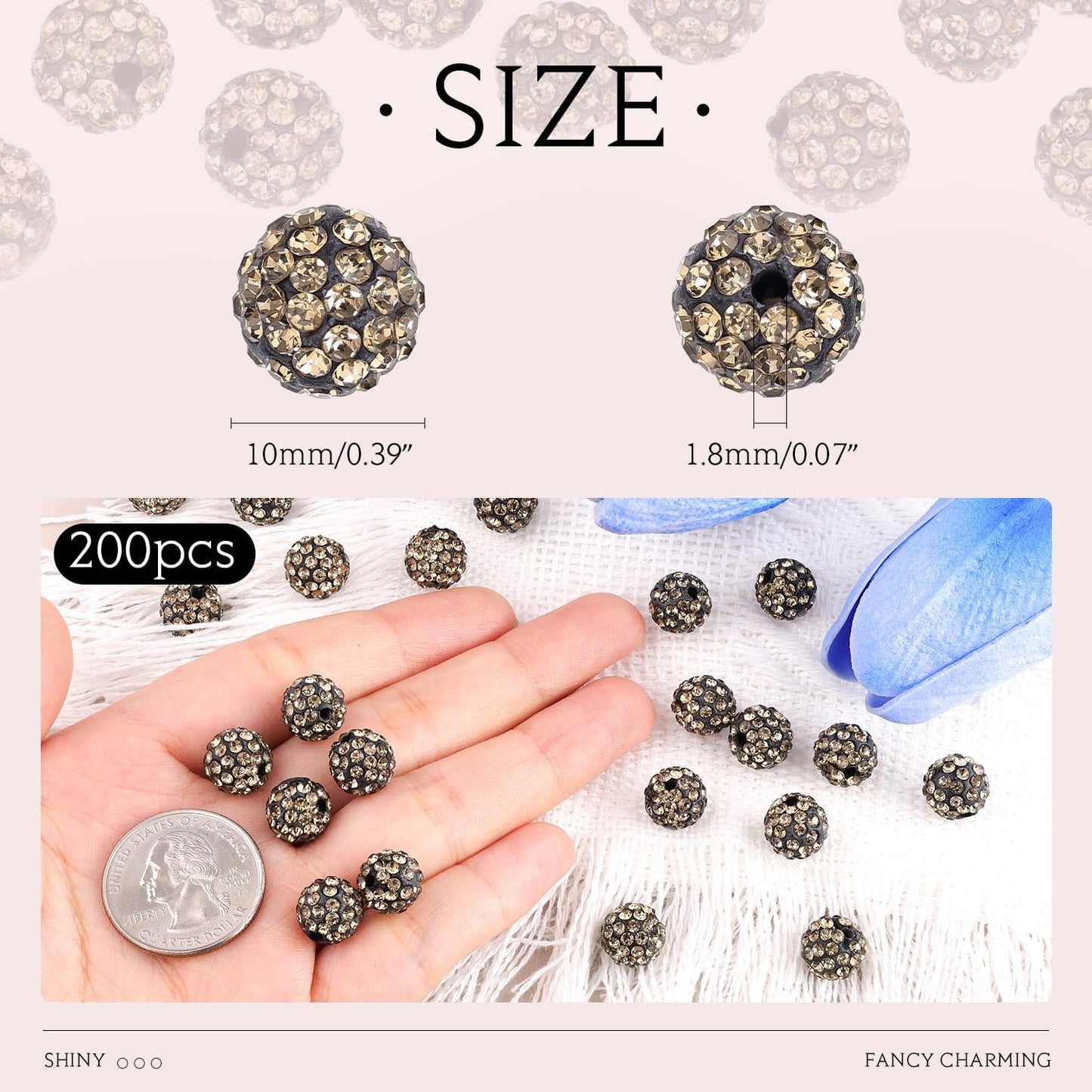 200pcs 10mm Gray Rhinestone Beads for Jewelry Making, Shiny Round Shamballa Disco Ball Beads Bulk, Sparkle Crystal Clay Christmas for Bracelet Baseball Necklace Earring Crafting and DIY