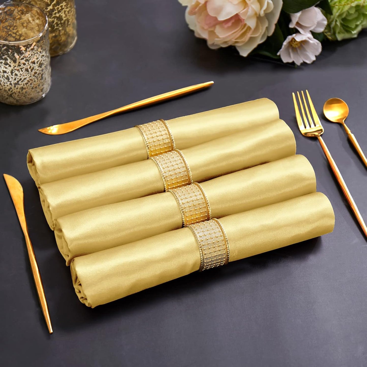 Horbaunal 16 Pack Gold Satin Napkins 17 x 17 Inch, Square Soft Table Dinner Napkins, Silky Cloth Napkins Table Decoration for Weddings Banquets Parties