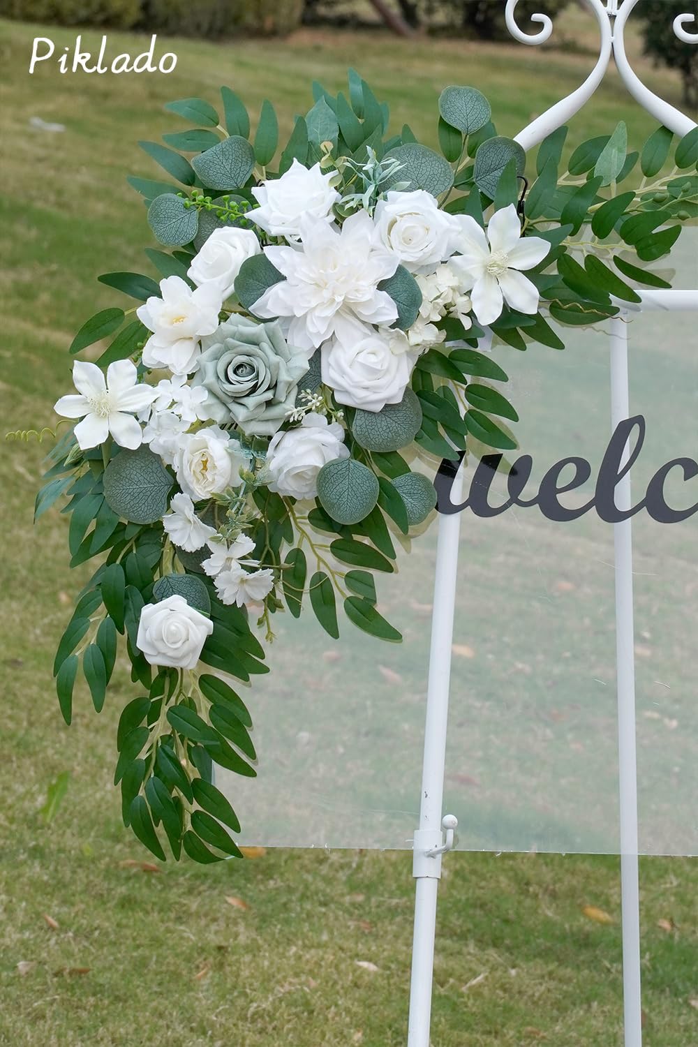 Faux Flower Swag Set of 2 for Wedding Welcome Signs Floral Swag Wedding Reception Ceremony Signs Decor (White & Green)