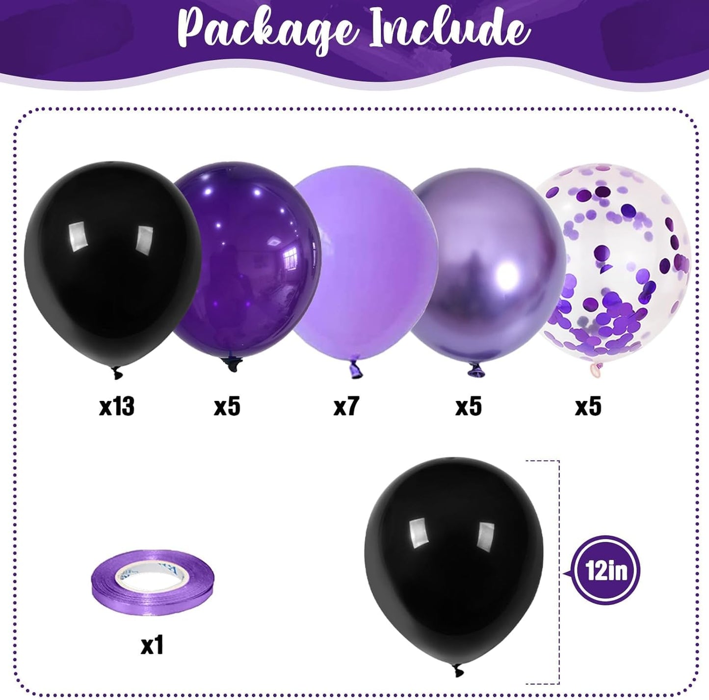Purple Black Balloons, 12 Inch Dark Purple Light Balloons with Metallic Purple Confetti Latex Balloon Set for Girls Women Halloween Birthday Bridal Shower Wedding Party Decorations Is-02