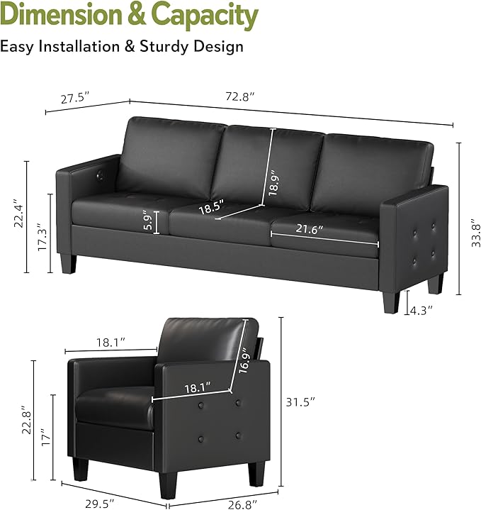 STHOUYN Black Faux Leather 3 Seater Sofa and Accent Chair, Modern Comfy Office - Image 2