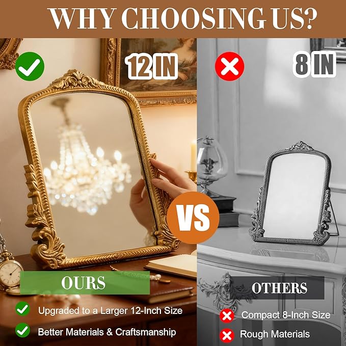 YUSONG Vintage Desk Mirror – 12" Gold Antique Tabletop Mirror - Image 6