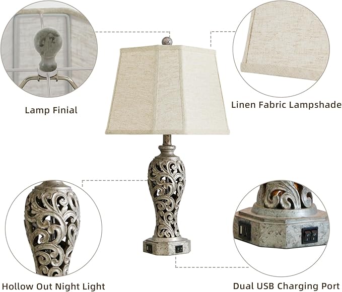 Vintage Table Lamps Set of 2 for Living Room Bedroom, 2 USB Ports 25'' Rustic - Image 5