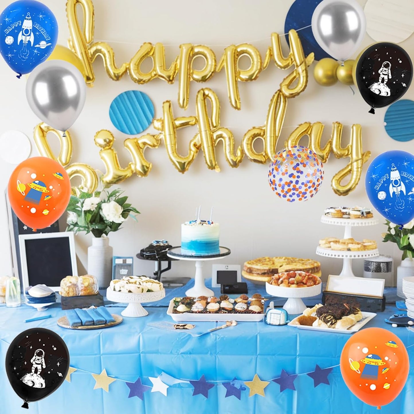 Space Balloons, 12 Inch Blue Black Orange Metallic Silver Confetti Balloons for Boy Space Themed Birthday UFO Party Decorations Baby Shower Graduation Supplies