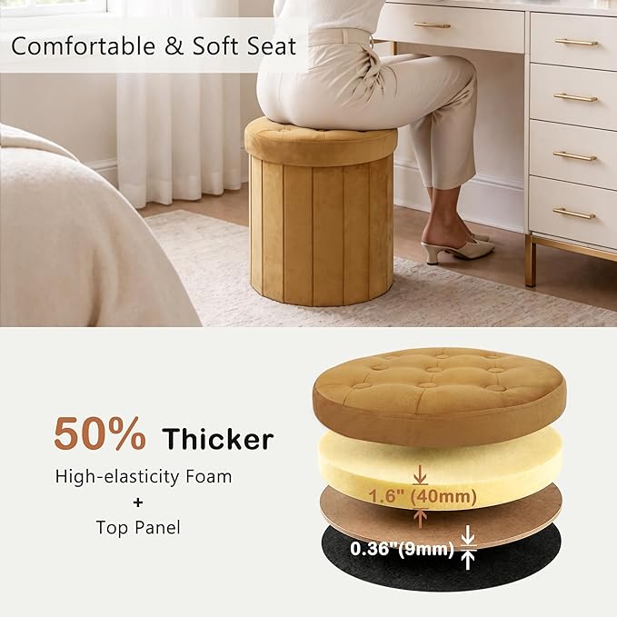 CAROLMADE Round Storage Ottoman, Velvet Folding Footrest Stool - Image 4
