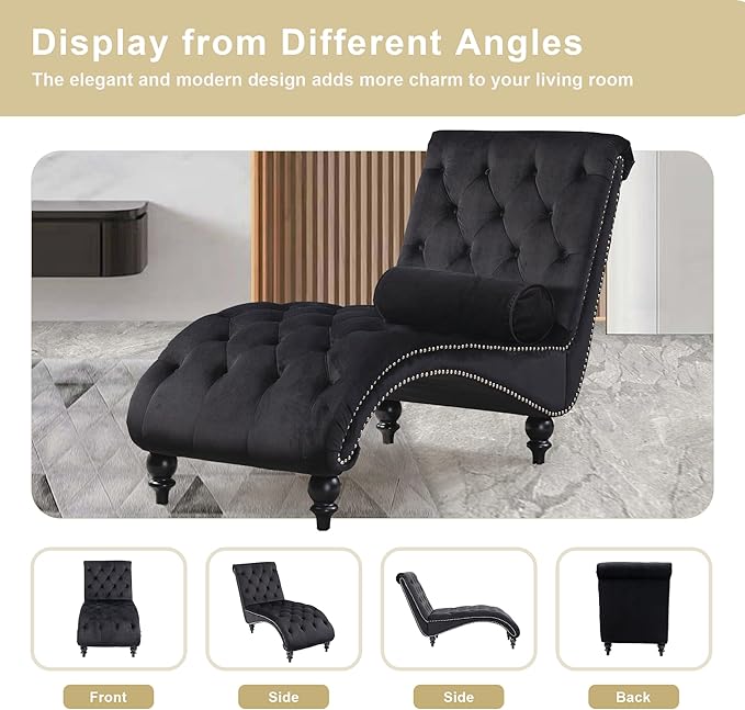 Chaise Lounge Indoor, Velvet Upholstered Lounge Chair Button-Tufted Armless - Image 6