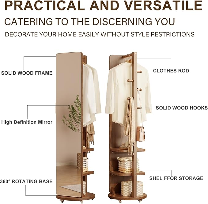 WoodsWhisper Full Length Mirror Coat Rack Solid Wood Floor Mirror 66"x12" Full - Image 5
