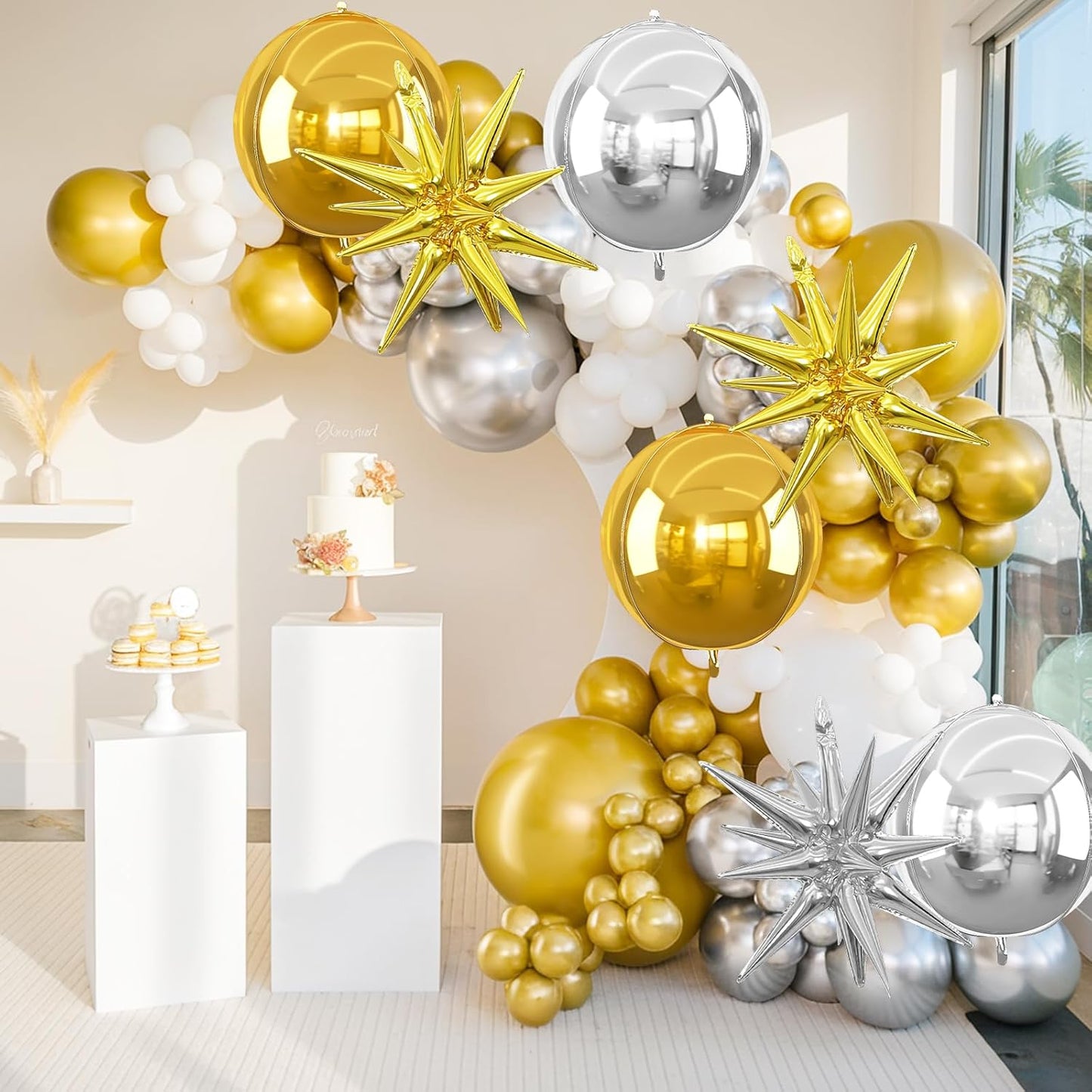 6Pcs Gold Silver Foil Balloons,22Inch Silver Gold 4D Round Ball Balloon and Explosion Star Balloon for Birthday Wedding Baby Shower Prom Party Anniversary Decorations