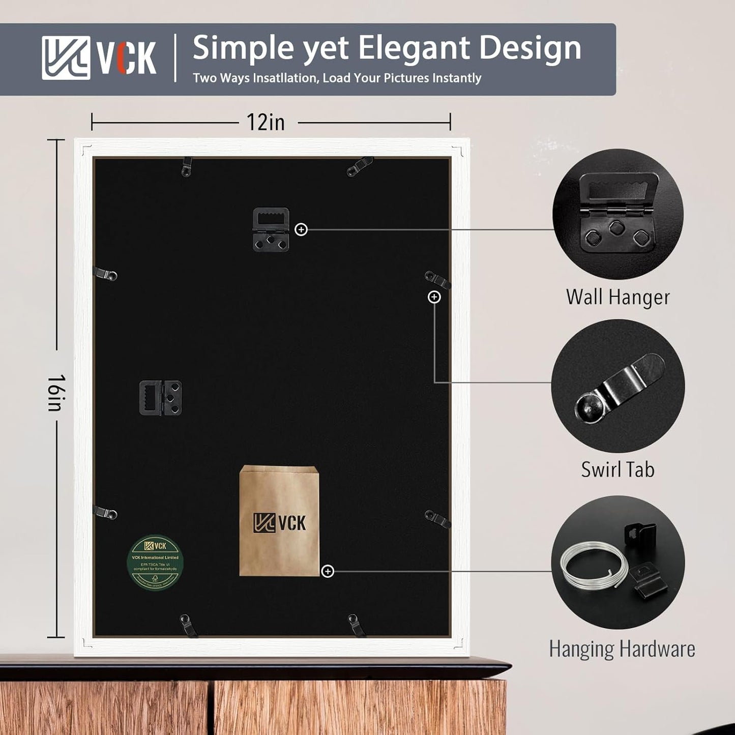 VCK 12x16 White Picture Frame set of 5, Textured Exclusive Wooden Photo Frames with HD glass | Matted to 8x12 or 12x16 without Mat | Wall Hanging