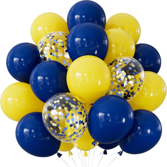 Blue and Yellow Balloons - Navy Blue Balloons 12 Inch Yellow Latex Balloon Glitter Confetti Balloon for Birthday Baby Shower Wedding Party Decorations, Photo Backdrop, 50 PCS