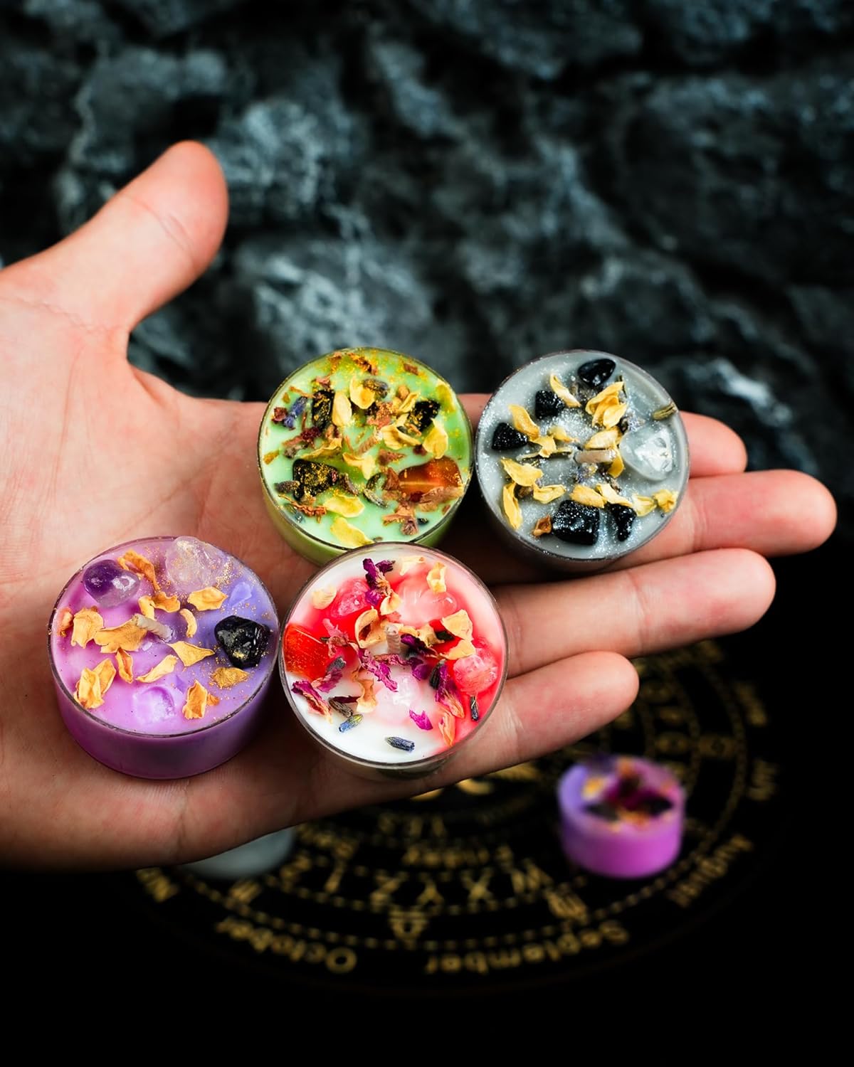 Tealight Soy Candles with Crystals And Herbs, Handmade Energy Candles, Healing Crystal Soy Candles, Aromatherapy Candles. (Mixed)