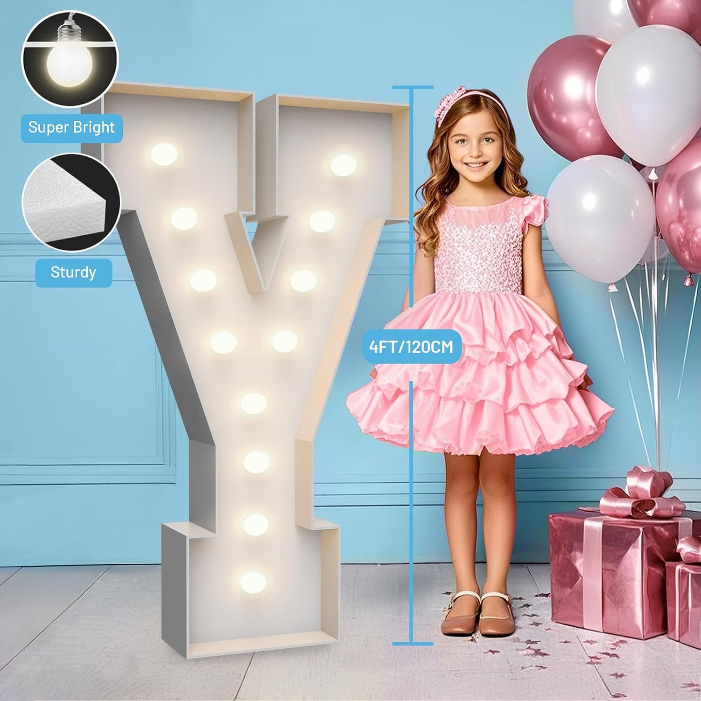 4FT Marquee Light Up Letters Y,Party Decoration Large Marquee Light Up Letters with Weighted Water Bag,Pre-cut Foam Board Set Can Be Used for Birthdays,Weddings,Baby Anniversaries