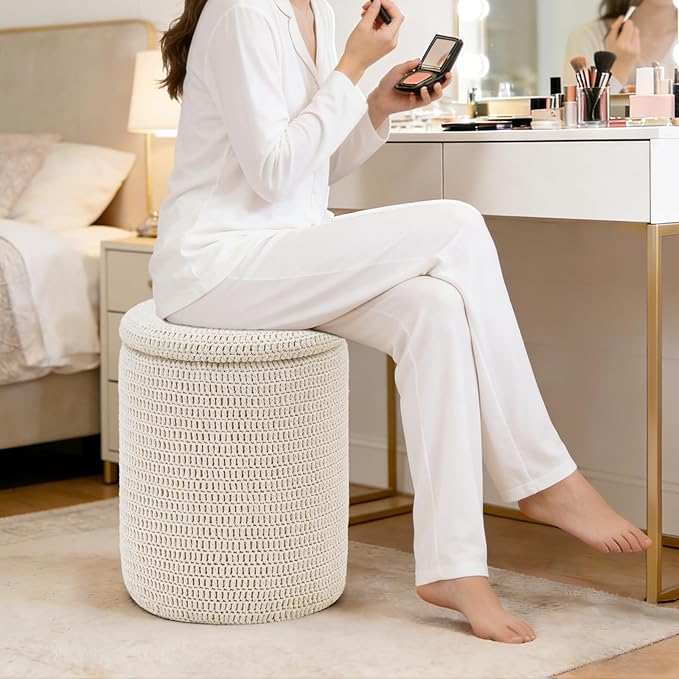Wimarsbon Pouf Ottoman, 100% Cotton Knitted Boho Footstool, Round Footrest - Image 2
