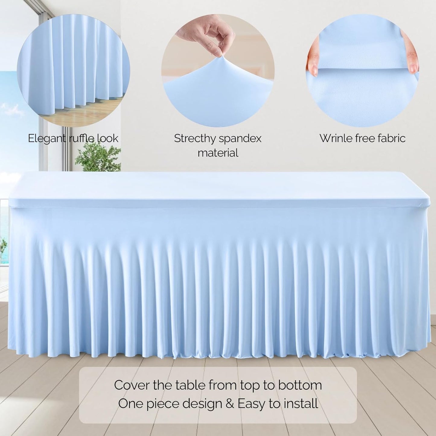 2 Pack Baby Blue Spandex Table Clothes for 6 Foot Rectangle Tables, 6FT Wrinkle Free Fitted Tablecloths Ruffles Design Table Cover for Party, Banquet, Wedding and Events