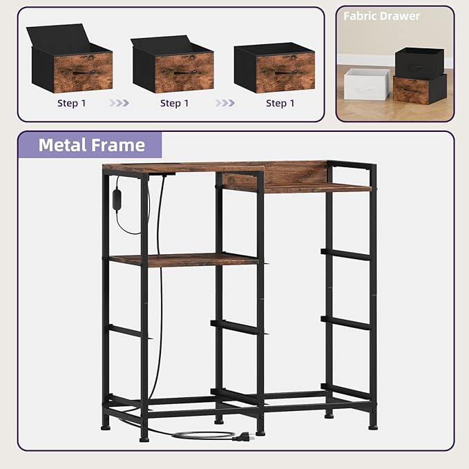 Somdot Nightstand with Charging Station and LED Light, Wide 5 Drawers Dresser - Image 7