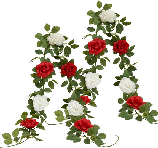 Artificial Rose Garlands Red Rose Vines Leaves Banners Hanging Floral Garland Fake Rose Flower Vine Wall Decorations