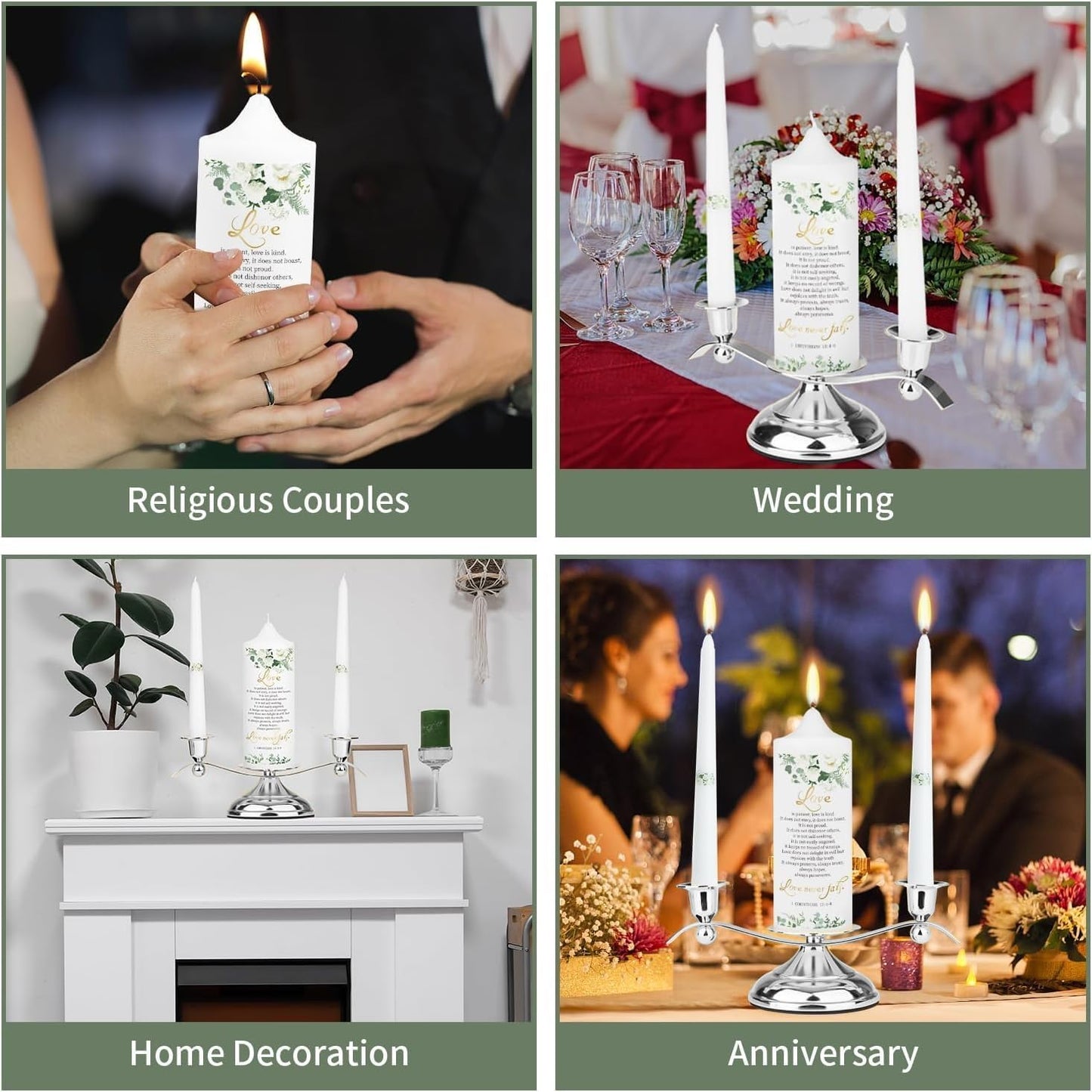 3 Unity Floral Candles for Wedding Ceremony Set with Silver Holder, Wedding Accessories for Reception