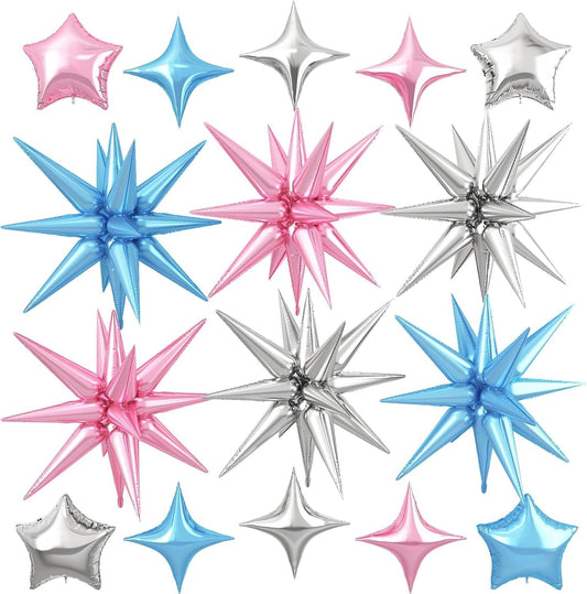 Pink Blue Silver Star Balloon,16Pcs Star Foil Balloons Set with 22Inch Explosion Spike Cone Balloons and 10Inch Quadrangle Helium Balloon for Birthday Wedding Baby Shower Party Decorations
