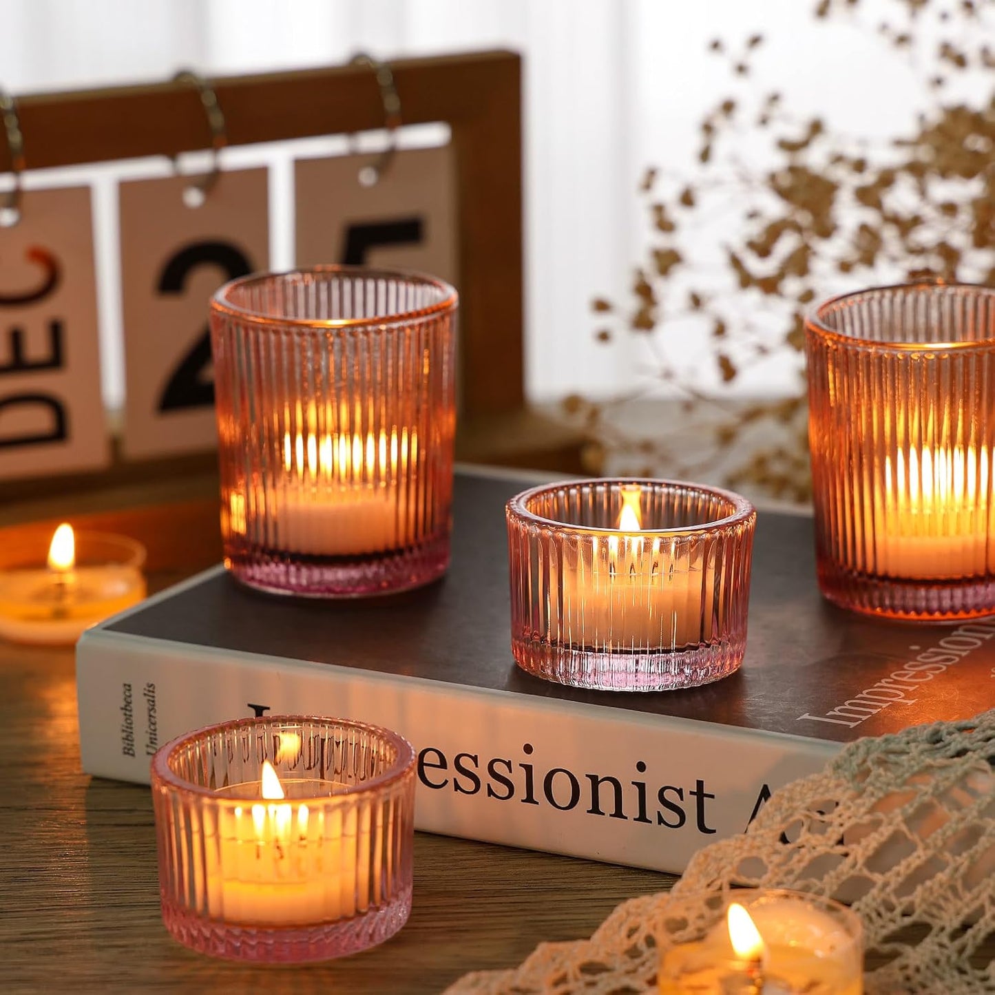 24 Pcs Glass Votive Candle Holders – Assorted Ribbed Pink Tea Light Holders Bulk for Weddings, Baby Showers, Parties, Home Décor, and Table Centerpieces