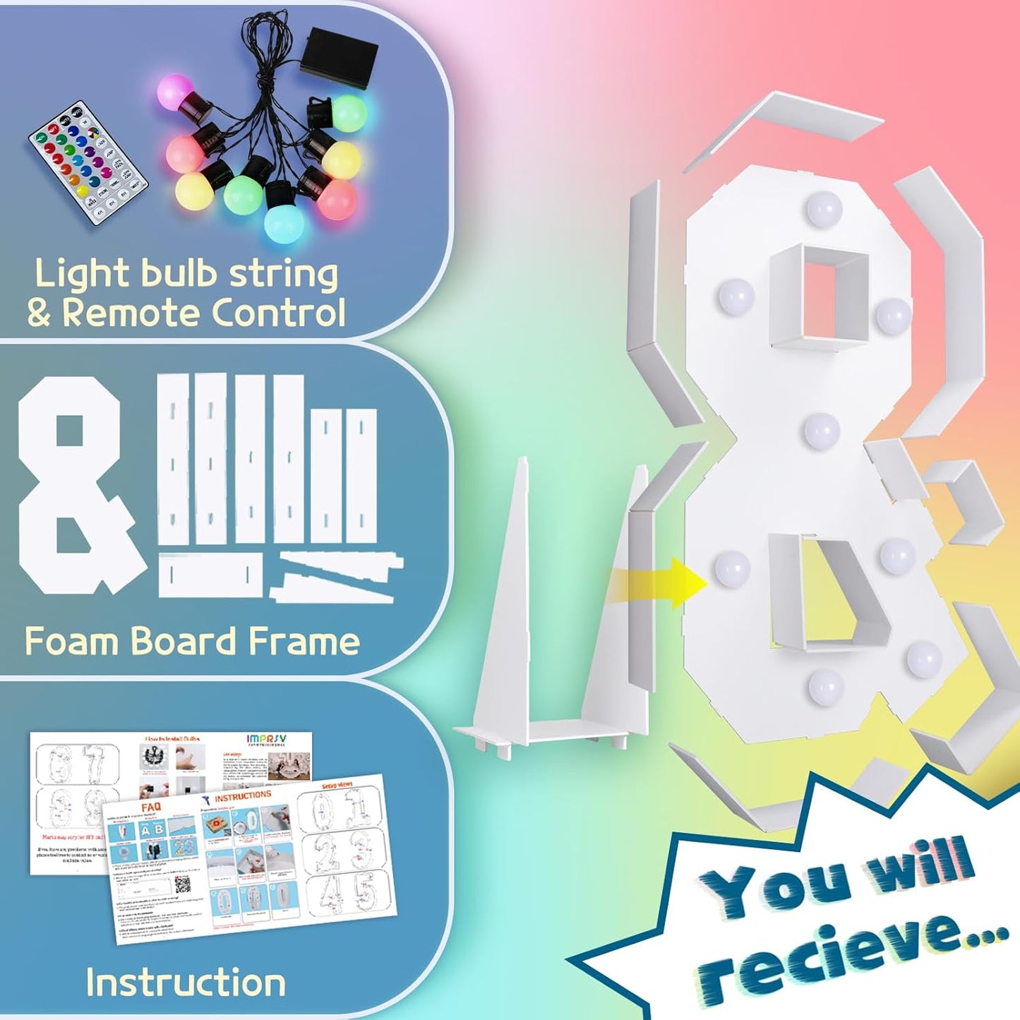 imprsv 3FT Colorful Marquee Light Up Letters &, 18 Colors Large Light up Letters Alphabet Sign with Remote, Big Marry Me Sign, Birthday Party Decorations Baby Shower Anniversary Wedding Decoration