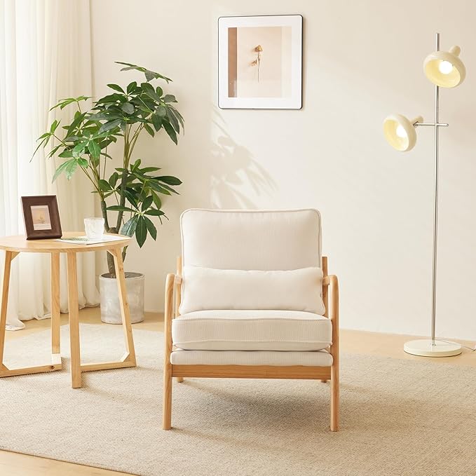 VINGLI Coarse Linen Beige Comfy Accent Chair, Mid Century Modern Lounge Armchair - Image 5