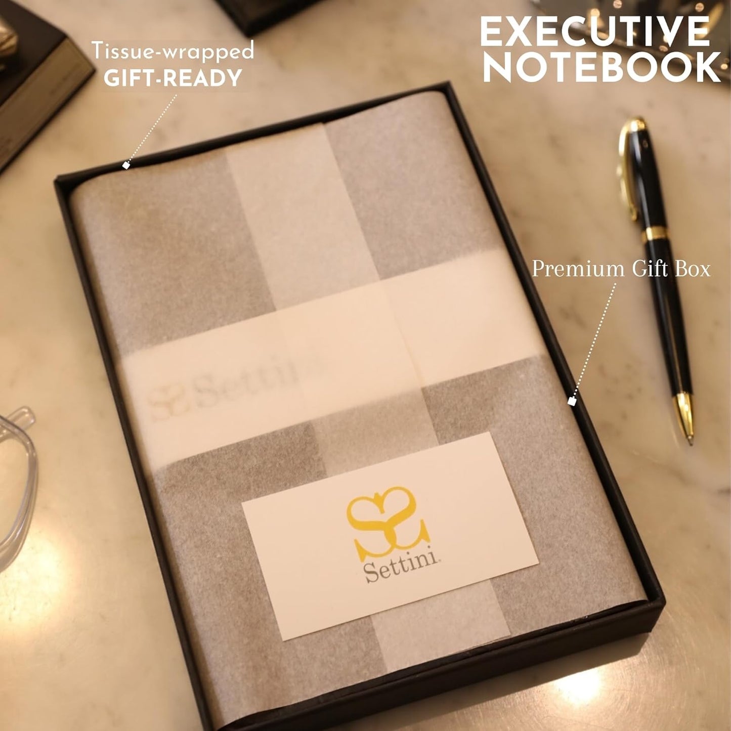 SETTINI Journal Notebook for Writing, Vegan Leather Hardcover Notebook - Pen loop, Back Pockets & Lay-Flat design, 120 GSM A5 College ruled Bleed free Paper, Gift Set for Men and Women, Onyx Black - Birthday Gift