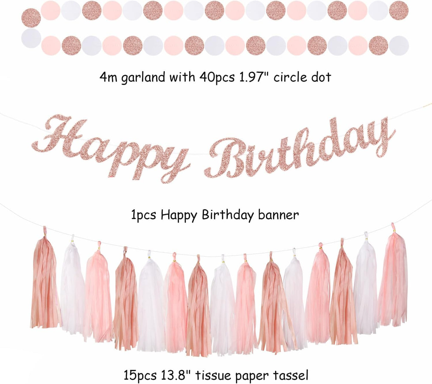 Rose-Gold Pink-White Happy Birthday Party-Decorations - 31pcs Sweet First 16 18th 21st Women Girls Paper Lanterns Streamers Banner,Tissue Pom Poms Decor,Flower Fans Tassels Graland Supplies Hugmoon