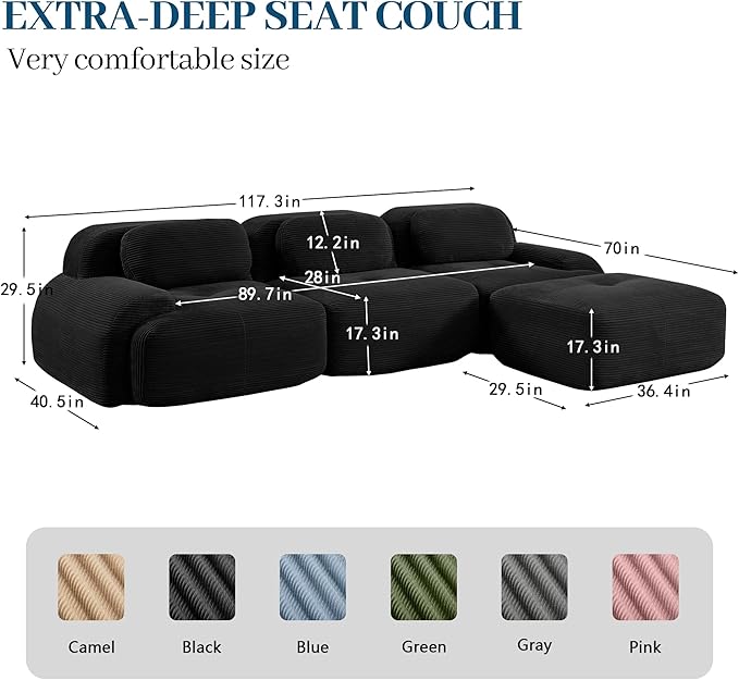Boneless Sectional Couch, No Assembly Required, 117.3” L Shaped Modular Cloud - Image 3