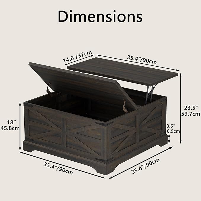 Furnideco 35.5''W Square Coffee Table Farmhouse Lift top Coffee Table - Image 2