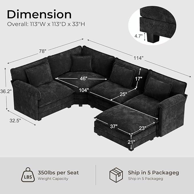 ELUCHANG 114" Oversized V-Shaped Cloud Couch Modular Sectional Sofa - Image 2