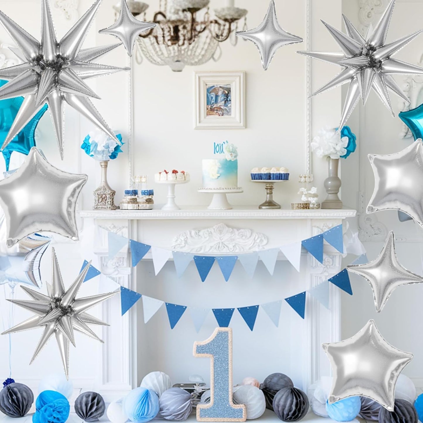 16 Pcs Silver Star Balloons, 22/18/10 Inch Foil Balloons, Four-Pointed Large Balloon for Kids Birthday Graduation Celebration Wedding Baby Shower Party Decorations