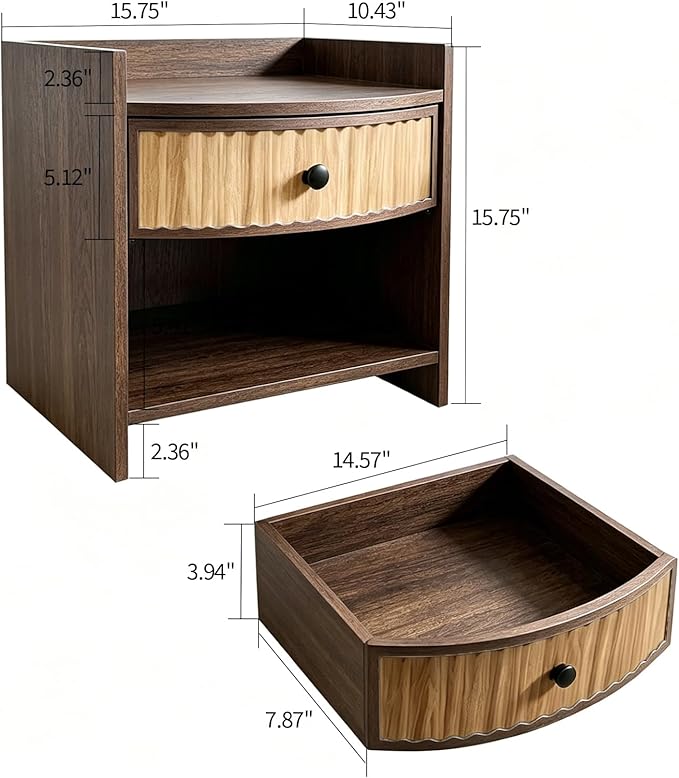 Wooden Nightstand with Drawer and Open Storage Shelf, Curved Front Bedside Table - Image 2