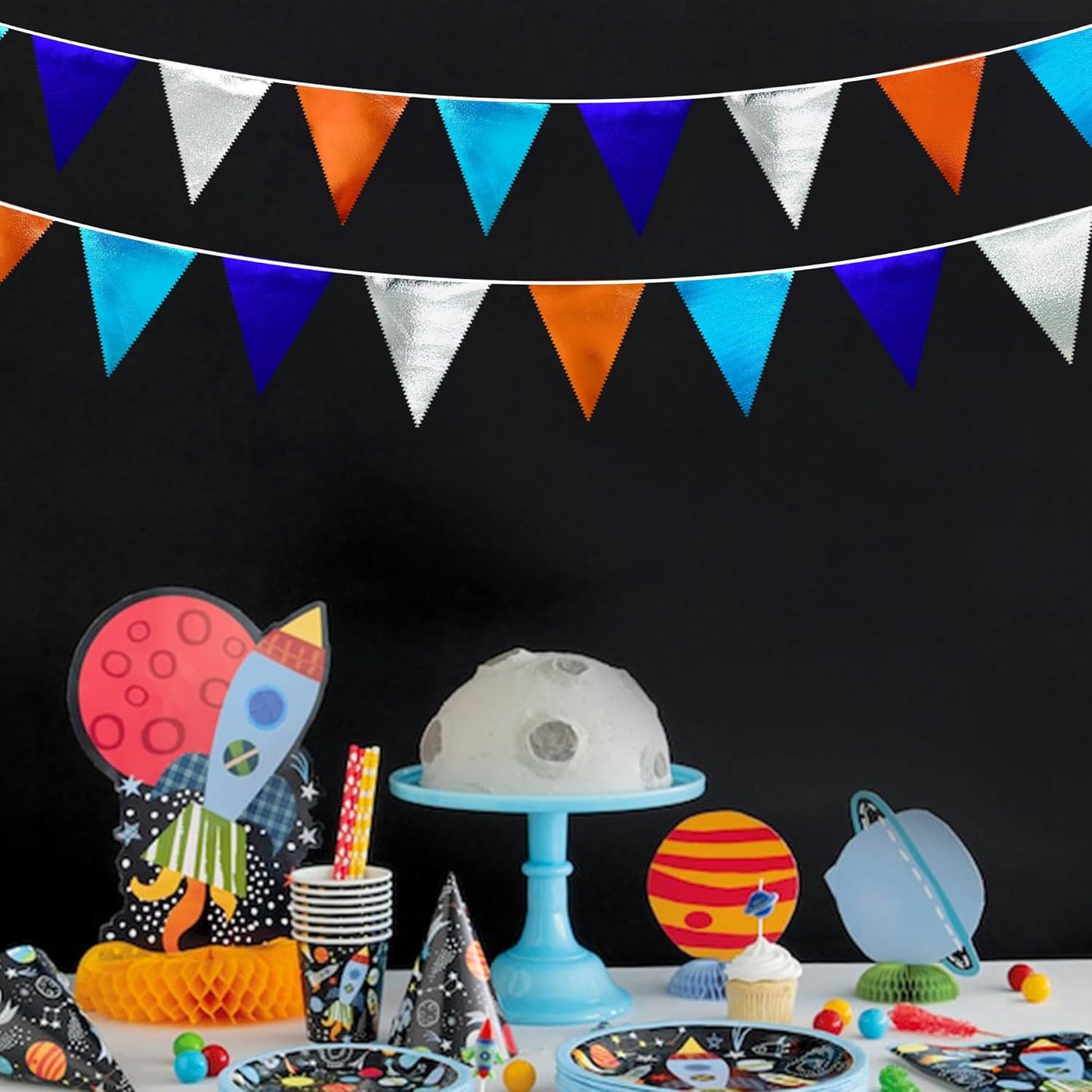 Orange Blue Silver Party Decorations Metallic Fabric Triangle Pennant Banner Flag Bunting Garland for Space Theme Birthday Wedding Bridal Shower Baby Shower Engagement Graduation Party Supplies