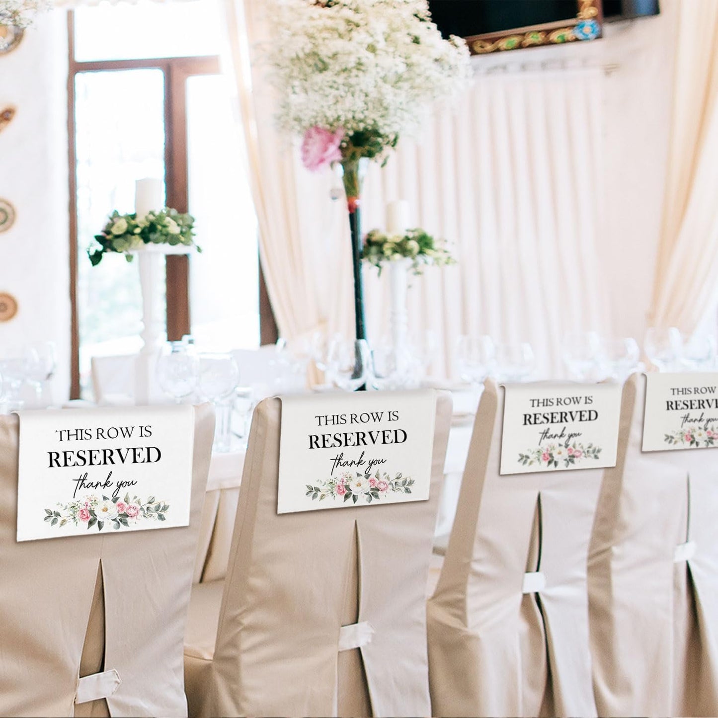 Reserved Seating Chair Signs, This Row Is Reserved Pew Cloths Seating Placeholder for Church Pews, Wedding Decorations for Reception Parties Celebrations Event Meetings (Pink Floral, 4 PCS)