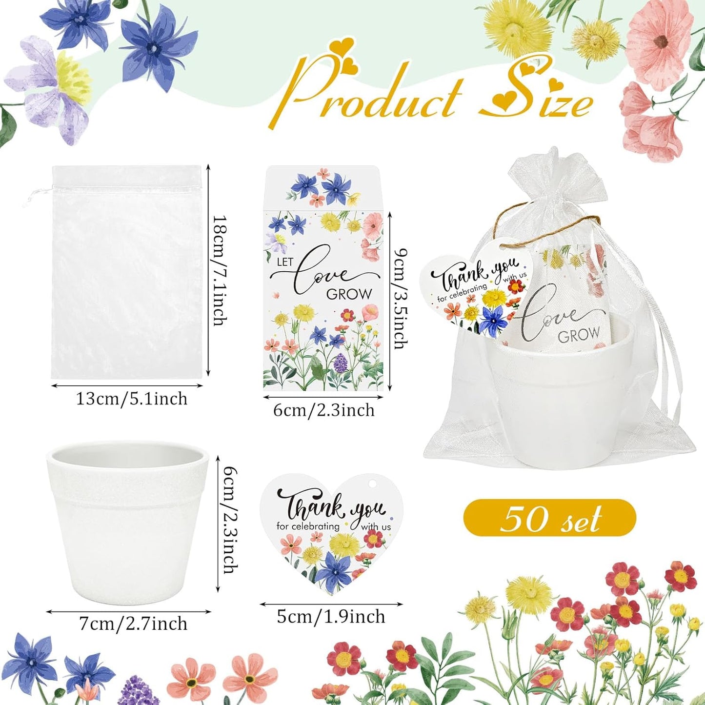 Cinrobiye 50 Sets Let Love Grow Wedding Favors for Guests Seed Packet Bags (Seed Not Include) with Tags & Labels Flowerpot for Bridal Shower Party Favors Bulk Wedding Souvenirs for Guests (Wild Flower)