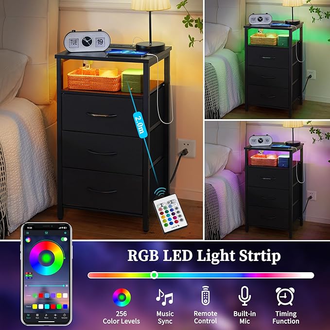 Yoobure Night Stand with Charging Station, 16 Colors LED Nightstand with USB - Image 4