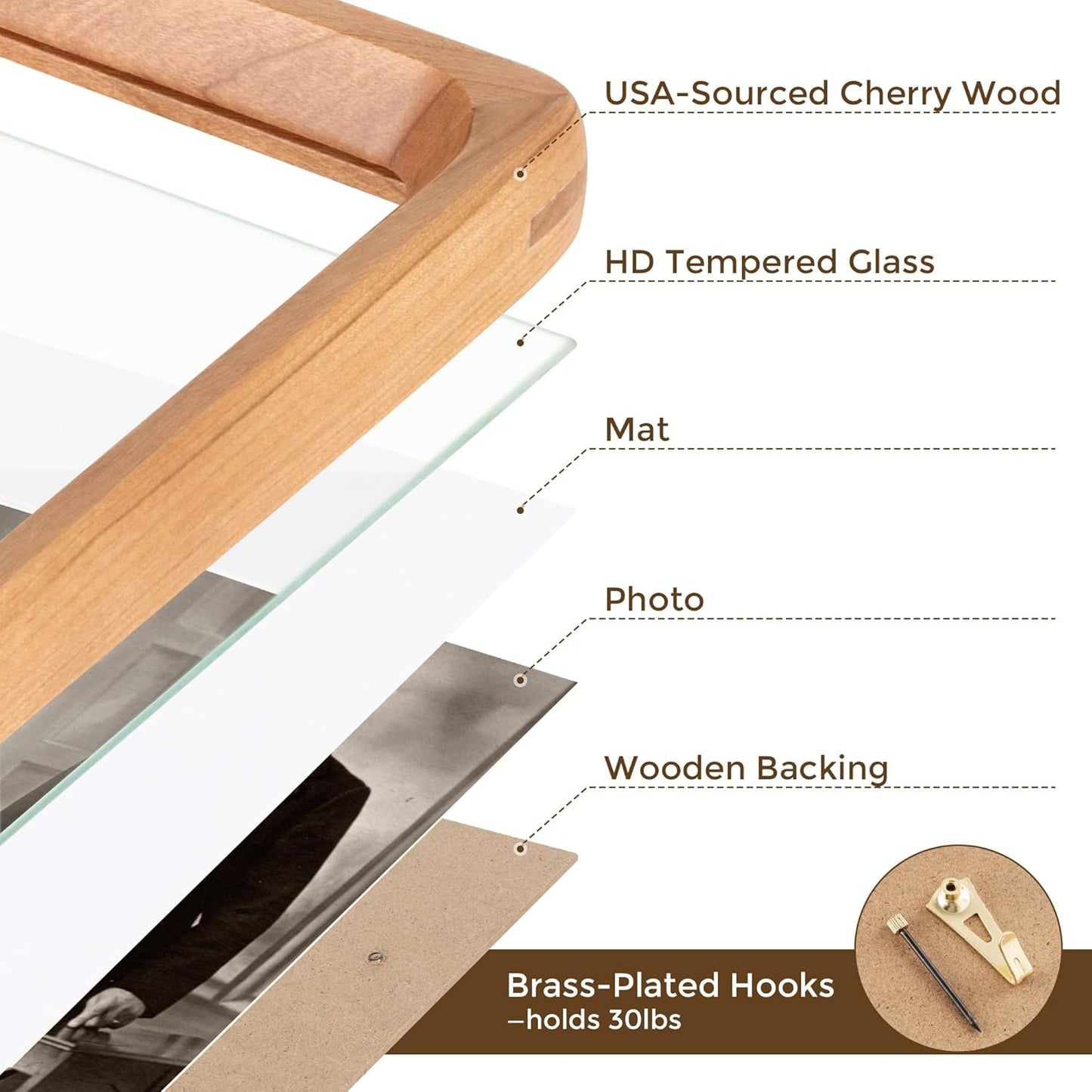 12x18 Picture Frame USA-Sourced Natural Cherry Wood Solid Original Wood Photo Frame Rounded Corner with Mat to 8x12 Picture Display with Real Glass Family Picture, Wedding Picture, Photo, Certificate