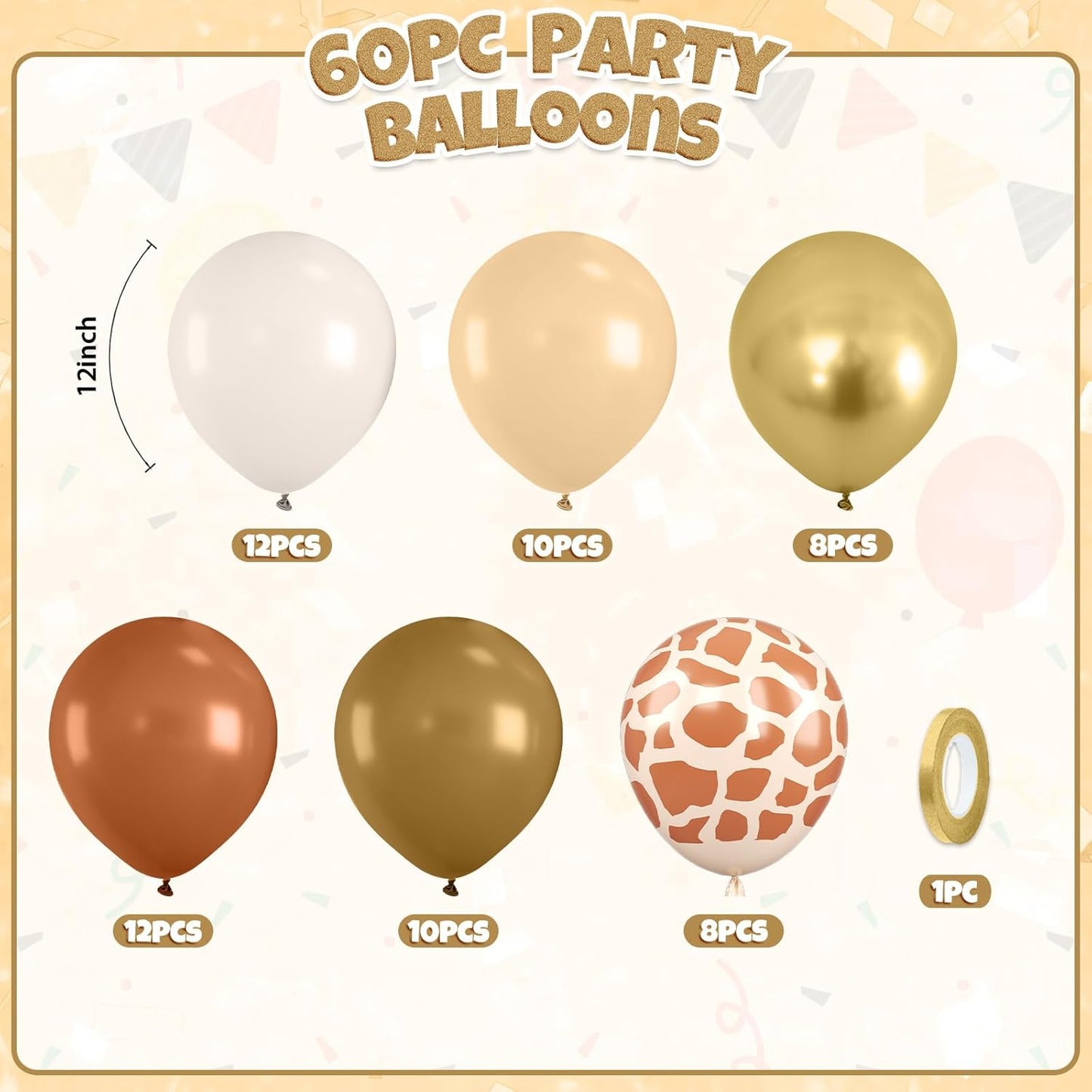Safari Balloons, 60pcs Jungle Balloons, Brown Gold White Balloon Giraffe Print Balloon For Birthday Baby Shower Safari Jungle Forest Animal Theme Party Wedding Bachelorette Engagement Decorations