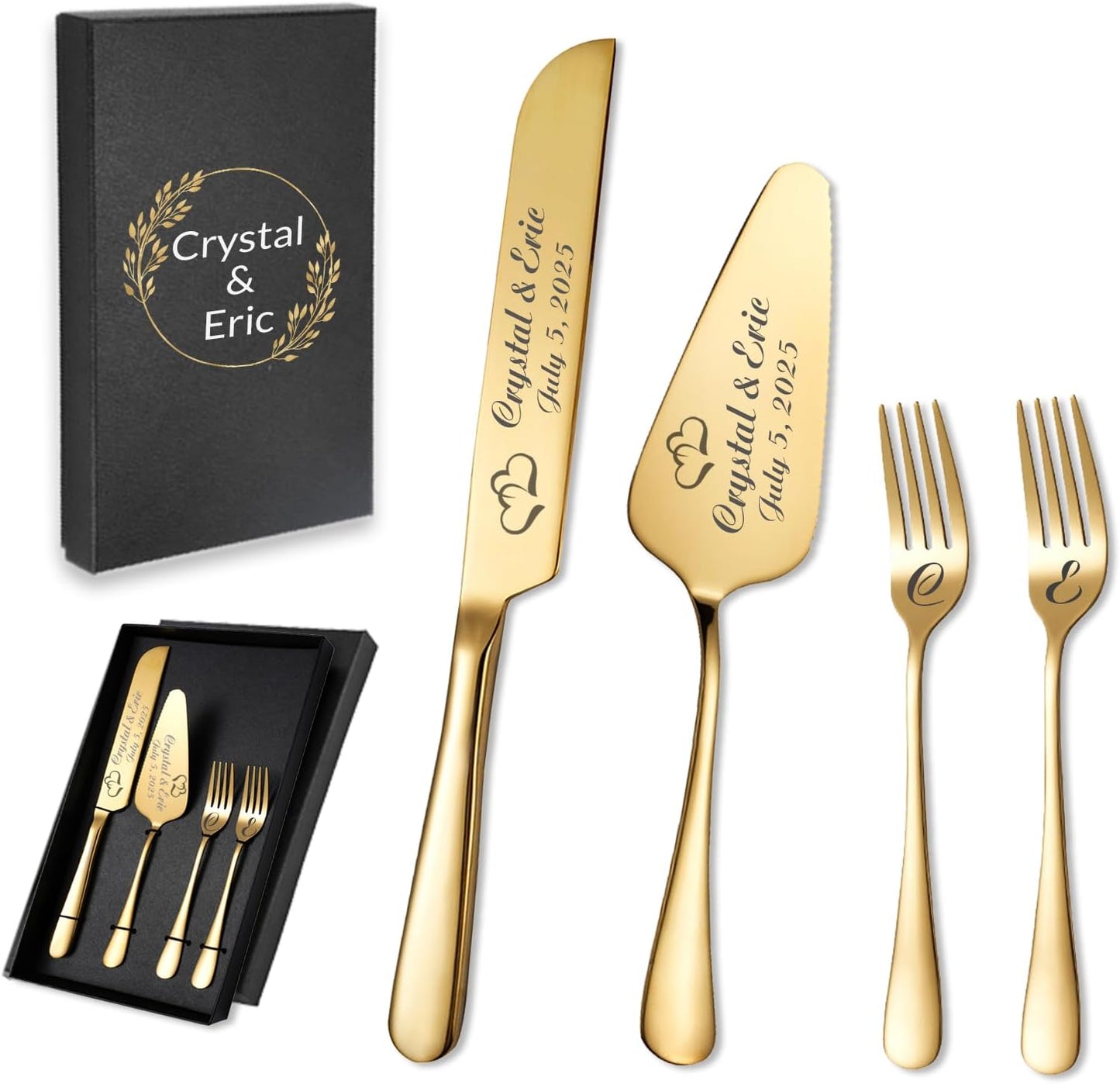 Personalized Wedding Cake Knife and Server Set, Custom Names Cake Cutting Set with Stainless Steel Forks, Customized Bridal Anniversary Birthday Wedding Registry Gifts for Couple (Gold)