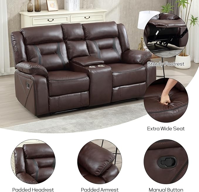 EBELLO Manual Recliner Sofa Set, Faux Leather Reclining Living Room Furniture - Image 3