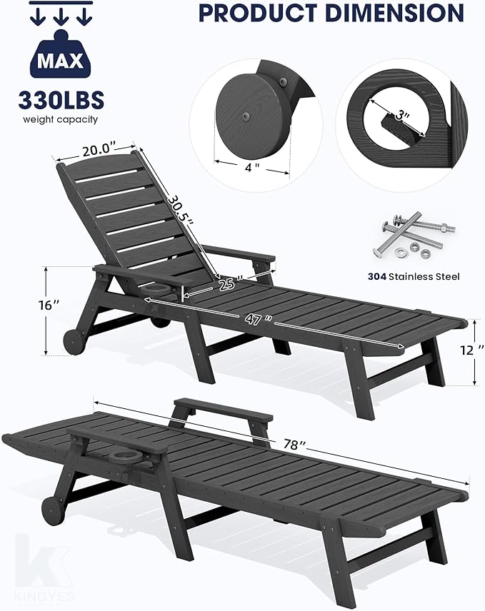 KINGYES HDPE Lounge Chair Outdoor, Patio Chaise Lounge Recliner - Image 2