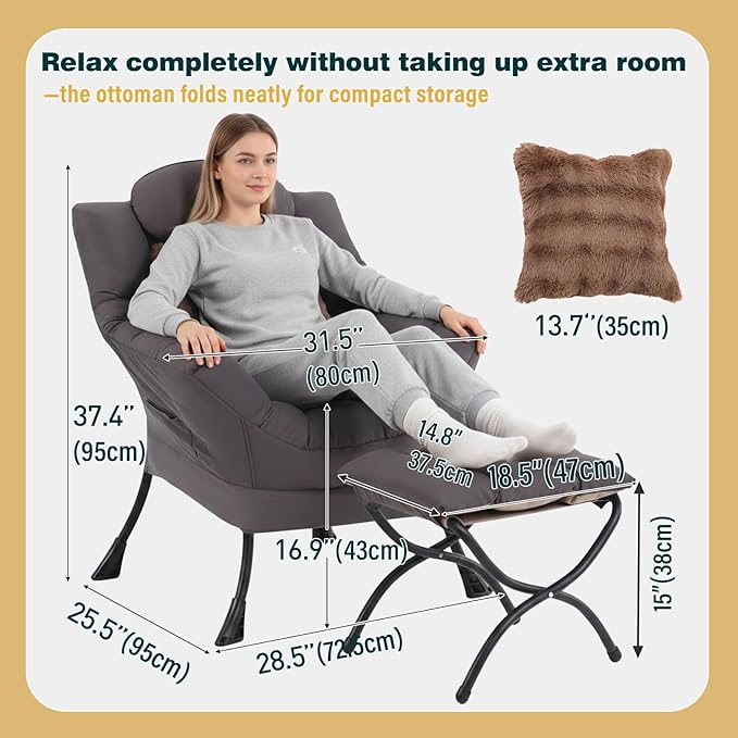 Lazy Chair with Ottoman, Large Accent Chair with Ottoman and a Throw Pillow - Image 2
