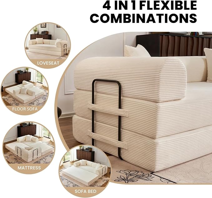 79'' Folding Convertible Sofa, Corduroy Modular Floor Couch - Image 3