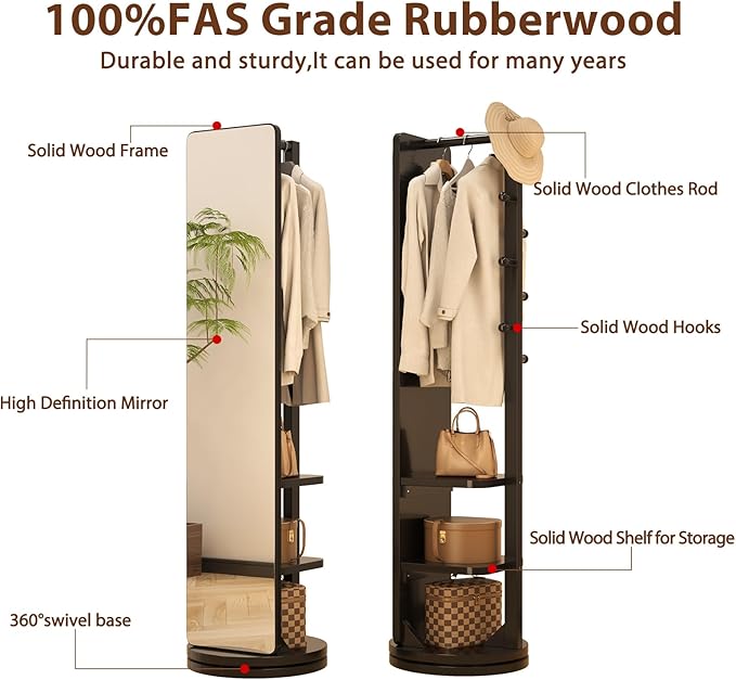 WoodsWhisper Full Length Mirror Coat Rack Solid Wood Floor Mirror 70"x16" Full - Image 3