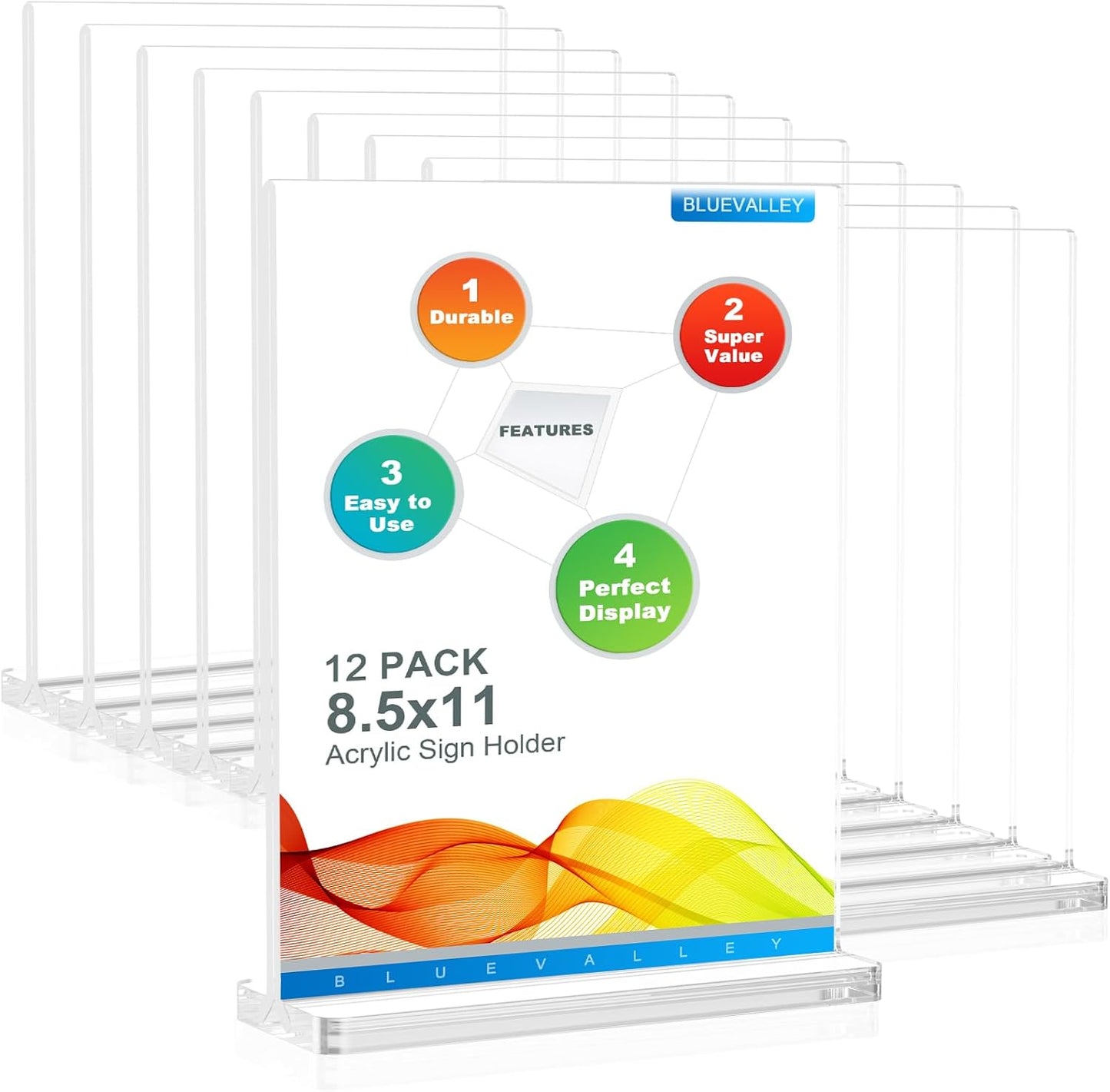 BlueValley Acrylic Sign Holder 8.5x11 Vertical - 12 Pack Double Sided Clear Plastic Table top Paper Display Stand for Menu, Flyer, Document, Poster - Standing Sign Holder for Office, Retail, Catering, Show Fair