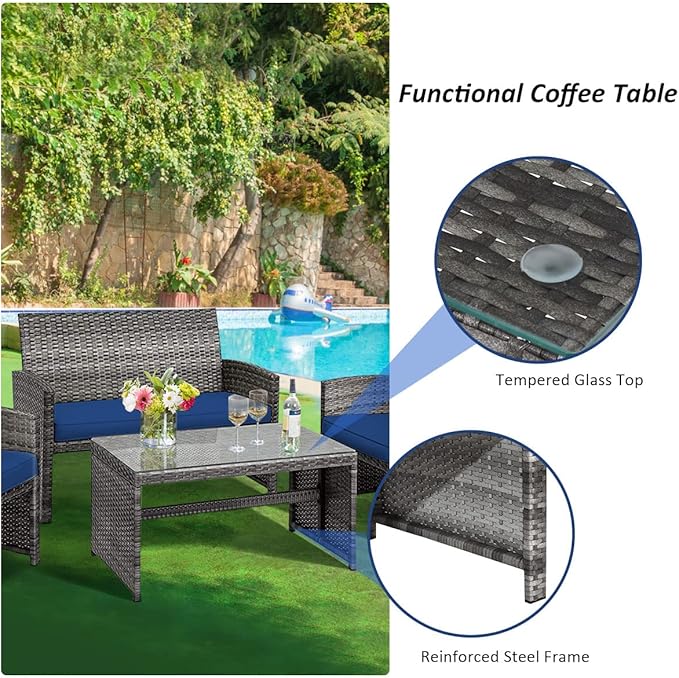 Tangkula 4 PCS Wicker Patio Conversation Set, Outdoor Rattan Sofas - Image 7