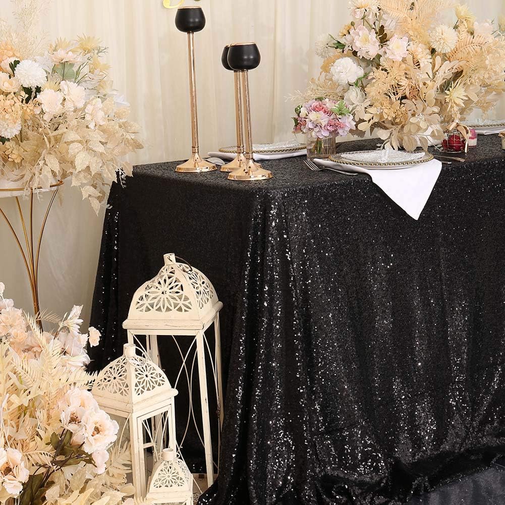 SquarePie Sequin Tablecloth 90 x 132 Inch Black Sparkly Table Linen for Halloween Wedding Party