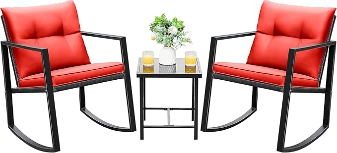 Devoko 3 Piece Rocking Bistro Set Wicker Patio Outdoor Furniture Porch Chairs by DEVOKO