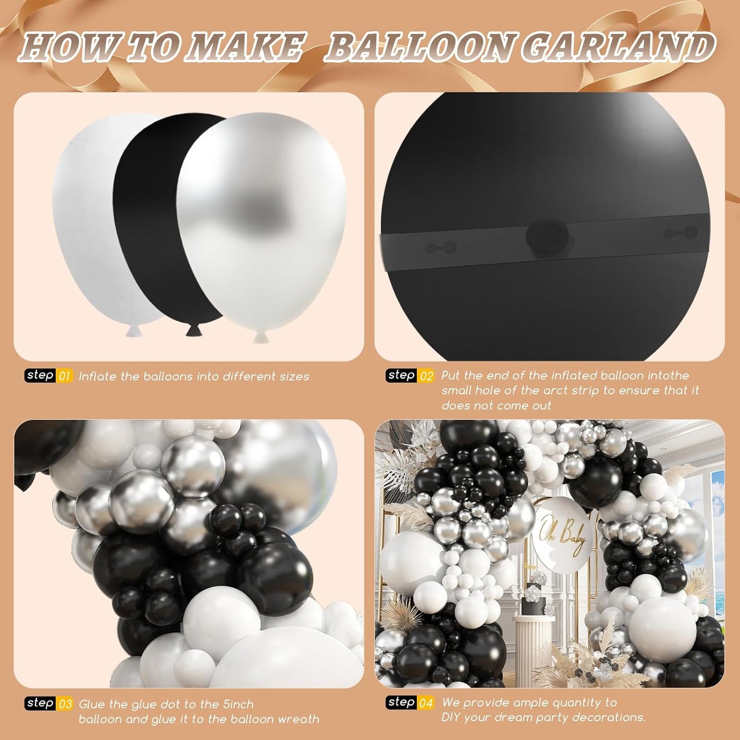 412Pcs Black and Silver White Balloon Arch Kit, 18 12 10 5 Inch Different Size Black and Silver White Balloons for Graduation Birthday Wedding Party Decorations