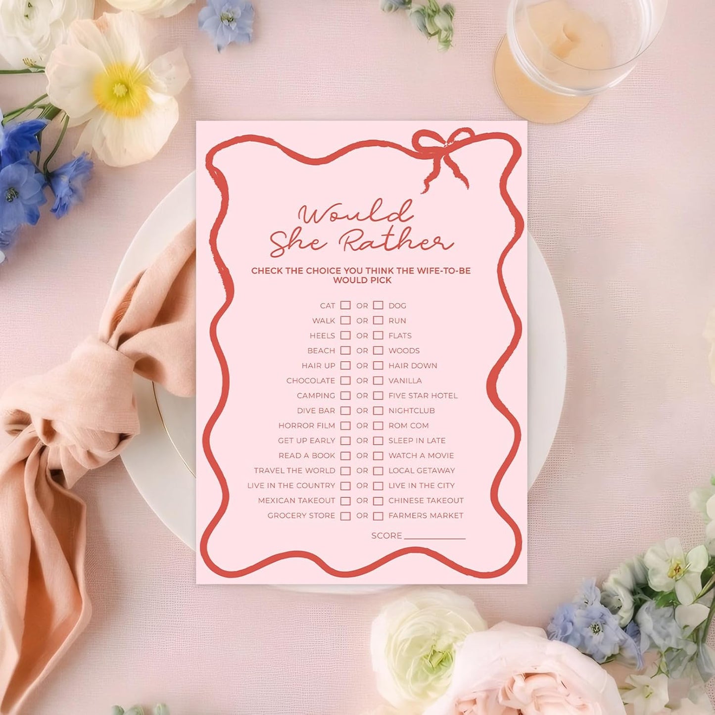 DEEKA 30 PCS Bridal Shower Games Card for 30 Guests Pink Wavy Border Ribbon Bow Funny Wedding Bachelorette Party Games for Reception (Would She Rather)